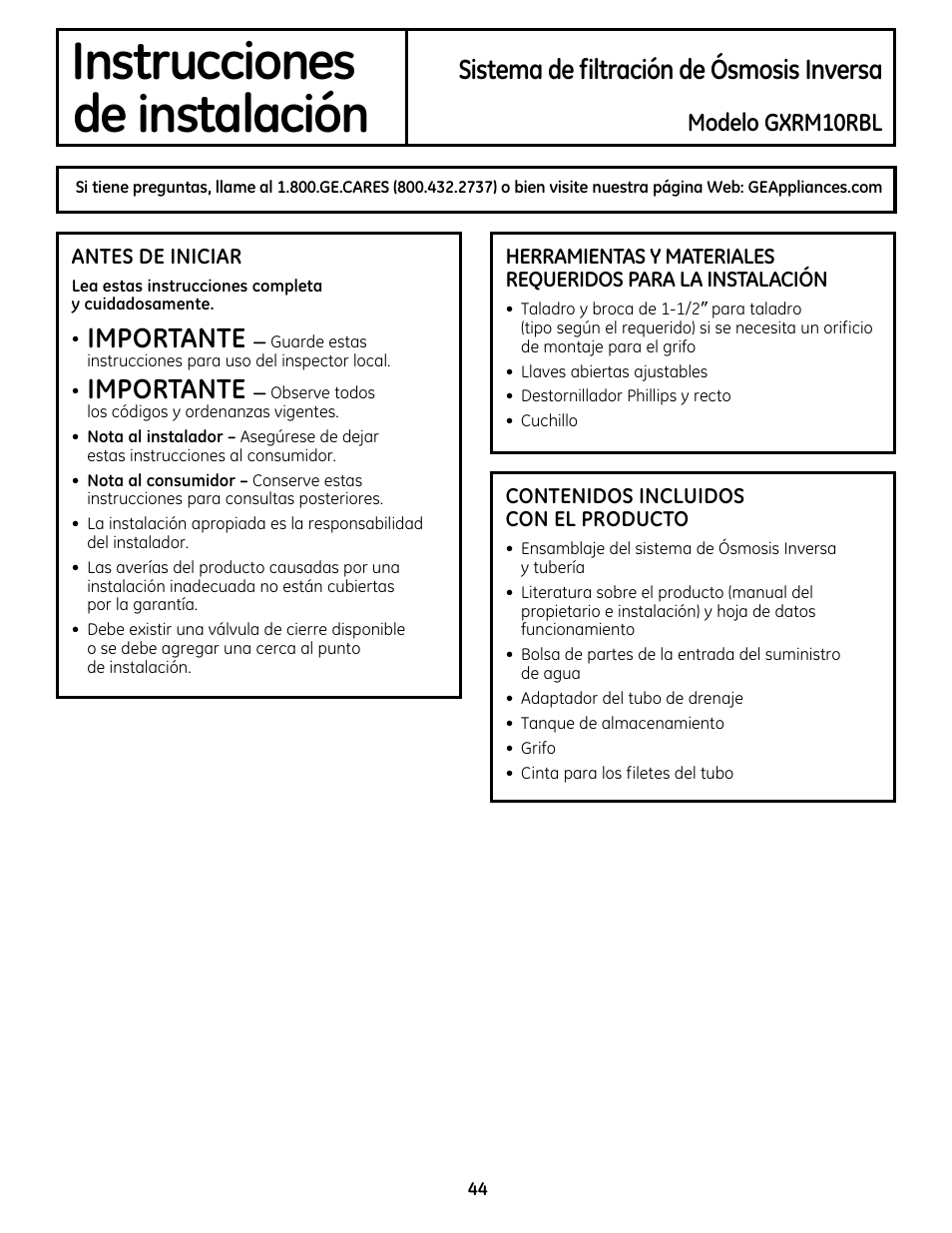 Instrucciones, De instalación, Sistema de filtración de ósmosis inversa | Importante, Modelo gxrm10rbl | GE GXRM10RBL User Manual | Page 44 / 64