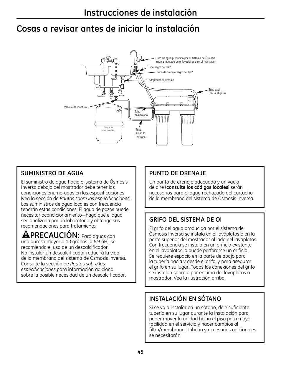 Precaución, Suministro de agua, Punto de drenaje | Instalación en sótano, Grifo del sistema de oi | GE GXRM10RBL User Manual | Page 45 / 64