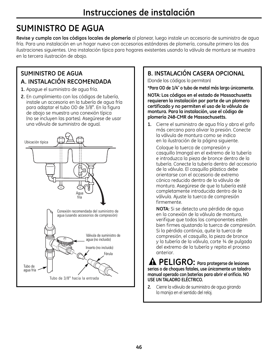 Instrucciones de instalación suministro de agua, Peligro | GE GXRM10RBL User Manual | Page 46 / 64