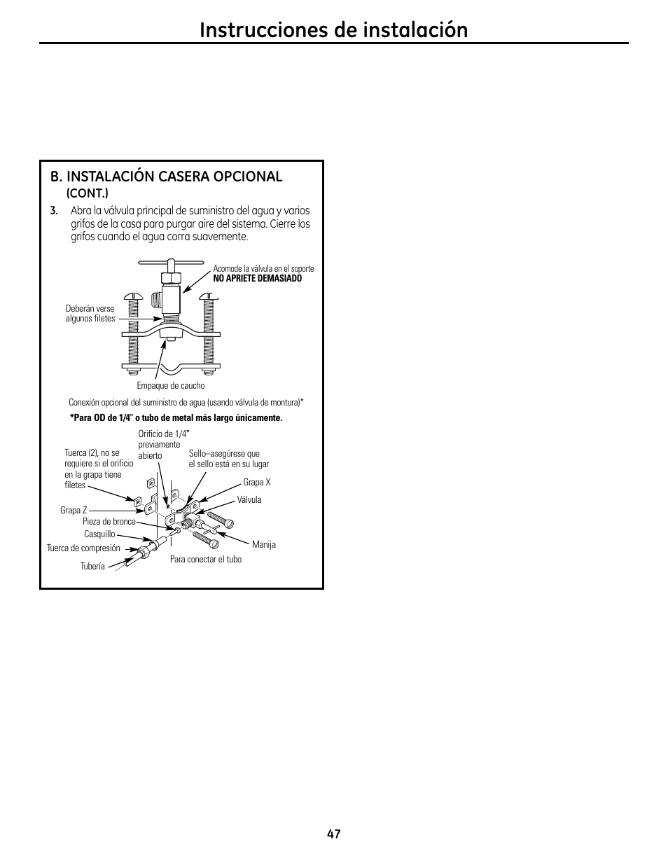 Instrucciones de instalación, B. instalación casera opcional | GE GXRM10RBL User Manual | Page 47 / 64