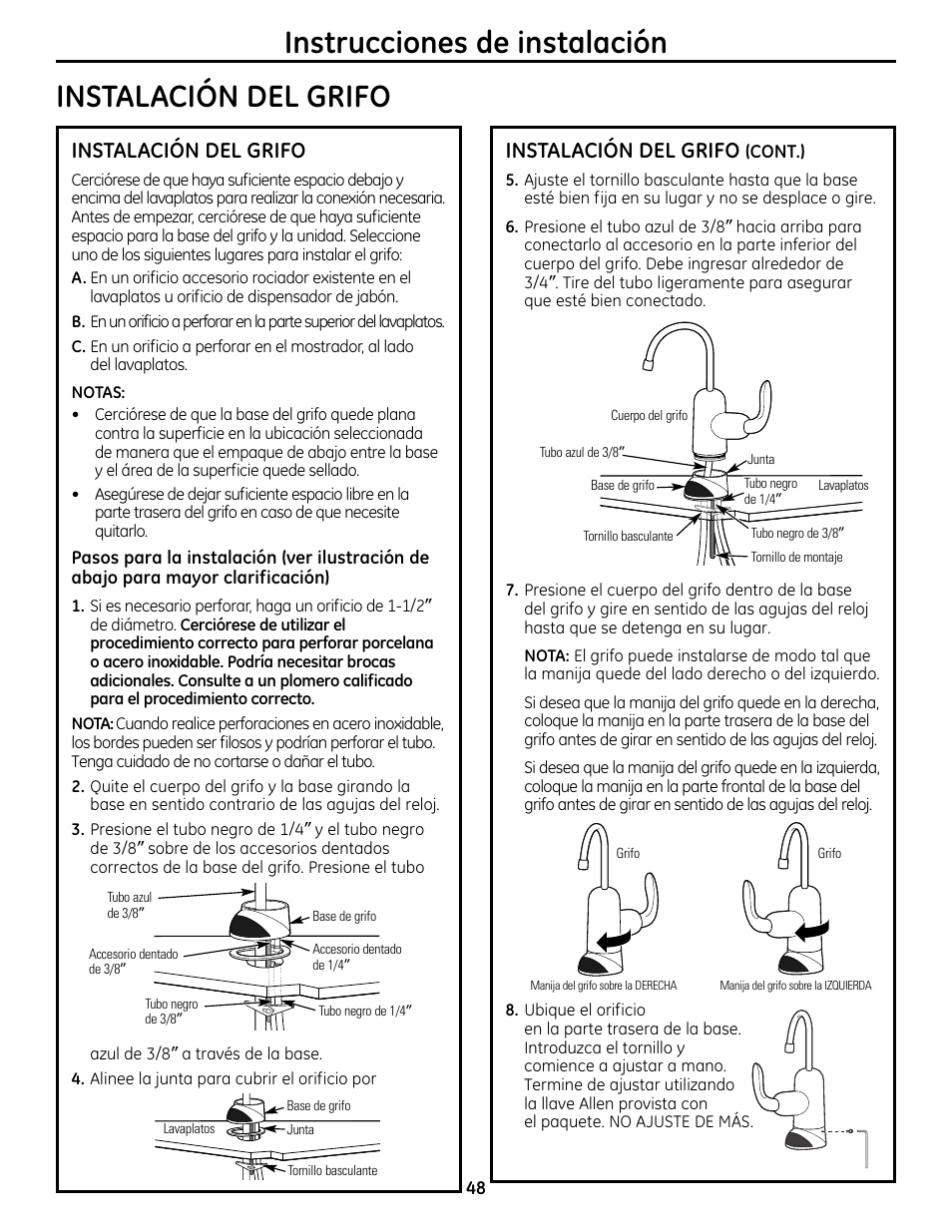 Instrucciones de instalación instalación del grifo, Instalación del grifo | GE GXRM10RBL User Manual | Page 48 / 64