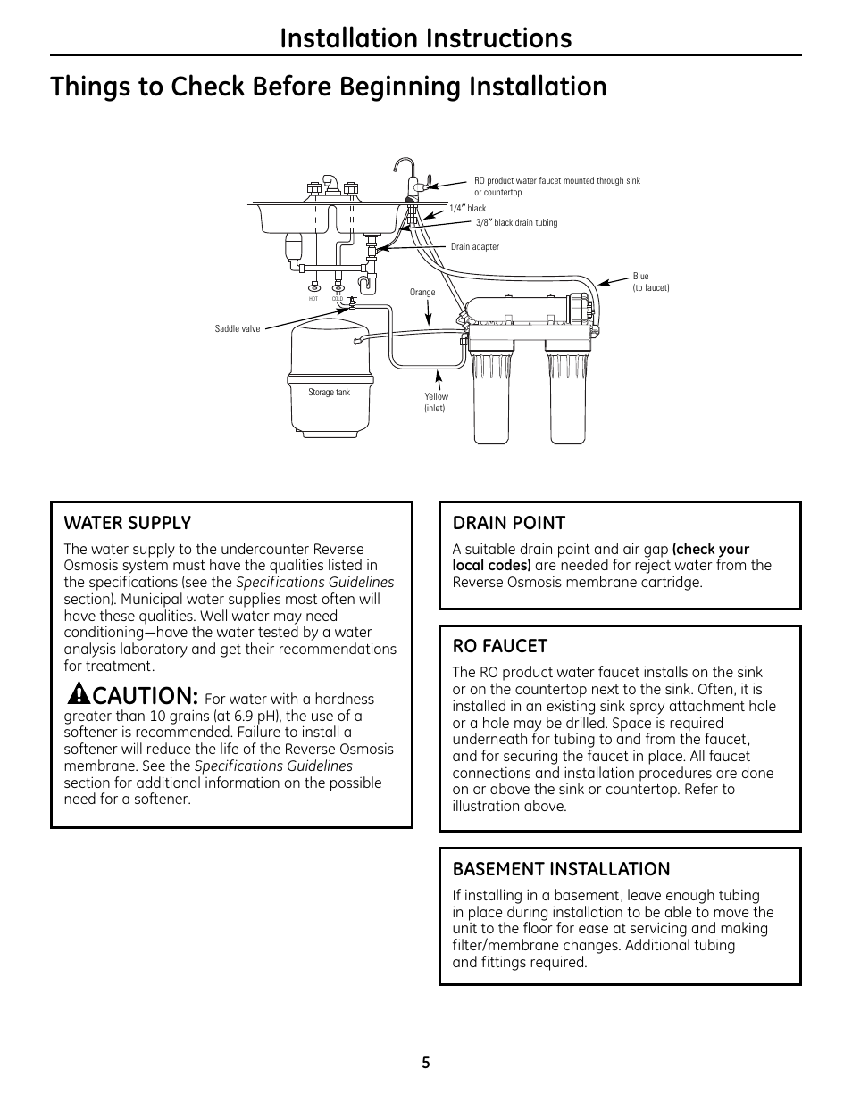 Caution, Water supply, Drain point | Basement installation, Ro faucet | GE GXRM10RBL User Manual | Page 5 / 64