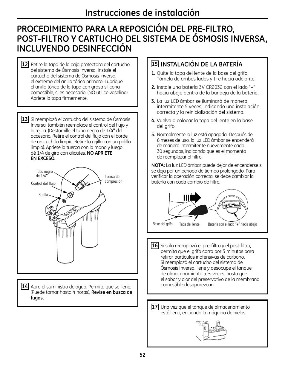 Instalación de la batería | GE GXRM10RBL User Manual | Page 52 / 64