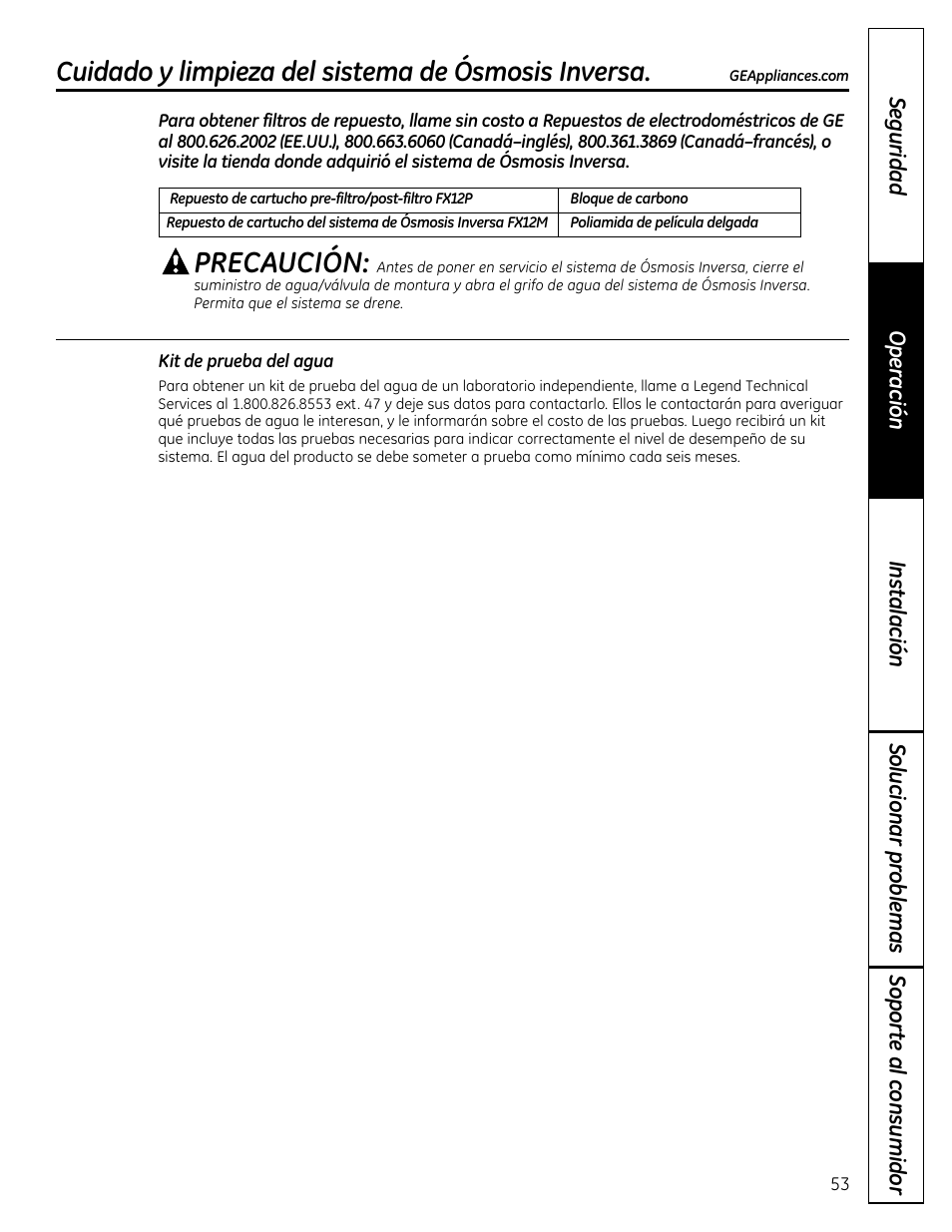 Precaución, Cuidado y limpieza del sistema de ósmosis inversa | GE GXRM10RBL User Manual | Page 53 / 64