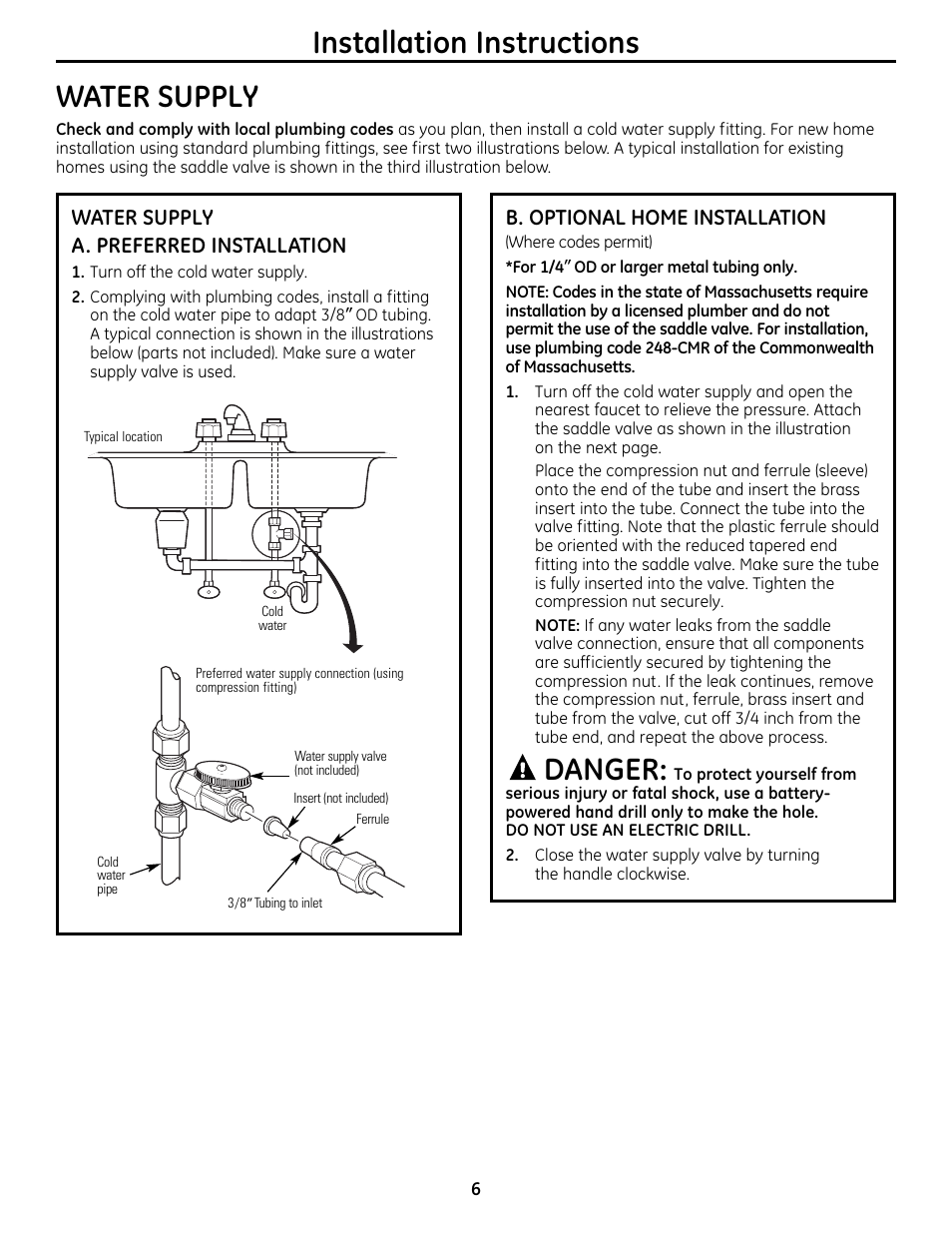 Installation instructions water supply, Danger, B. optional home installation | Water supply a. preferred installation | GE GXRM10RBL User Manual | Page 6 / 64