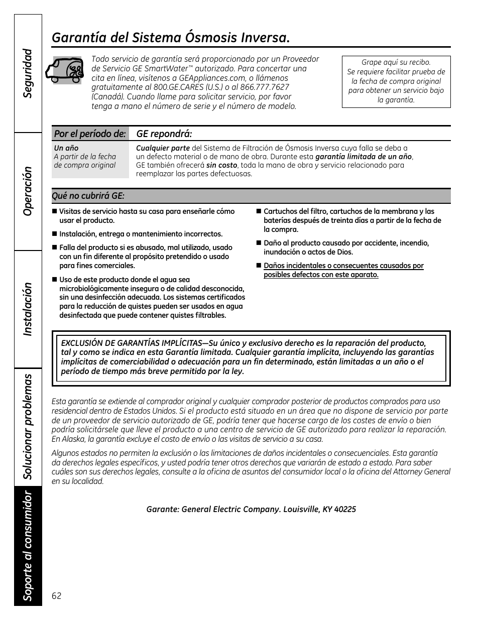 Garantía del sistema ósmosis inversa | GE GXRM10RBL User Manual | Page 62 / 64