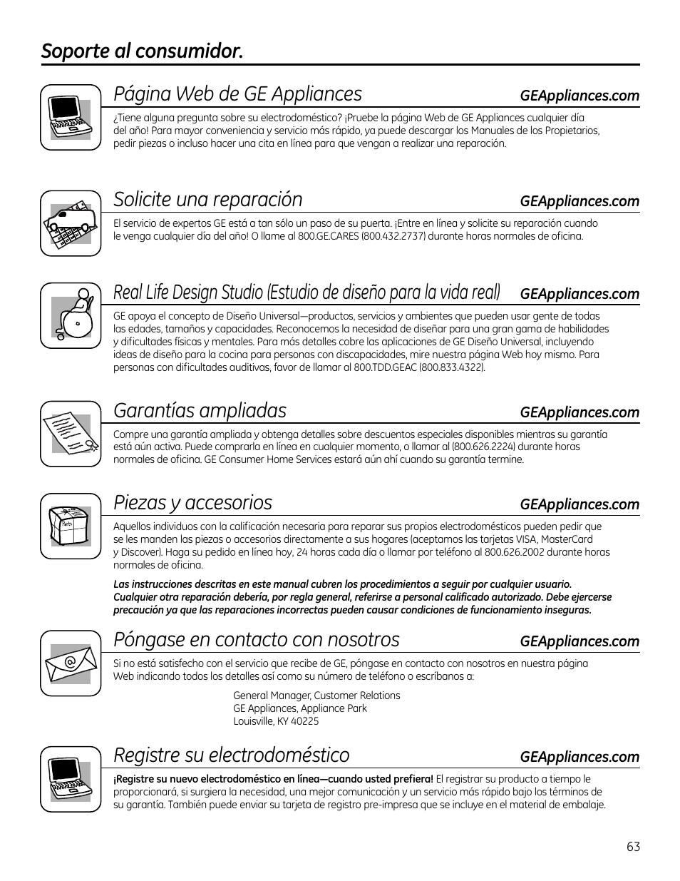 Soporte al consumidor. página web de ge appliances, Solicite una reparación, Garantías ampliadas | Piezas y accesorios, Póngase en contacto con nosotros, Registre su electrodoméstico | GE GXRM10RBL User Manual | Page 63 / 64