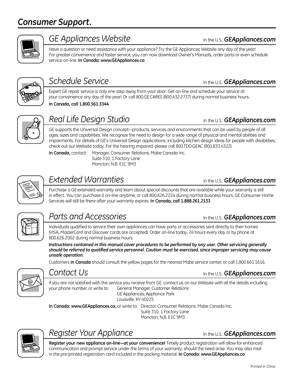 Consumer support. ge appliances website, Schedule service, Real life design studio | Extended warranties, Parts and accessories, Contact us, Register your appliance | GE GXRM10RBL User Manual | Page 64 / 64