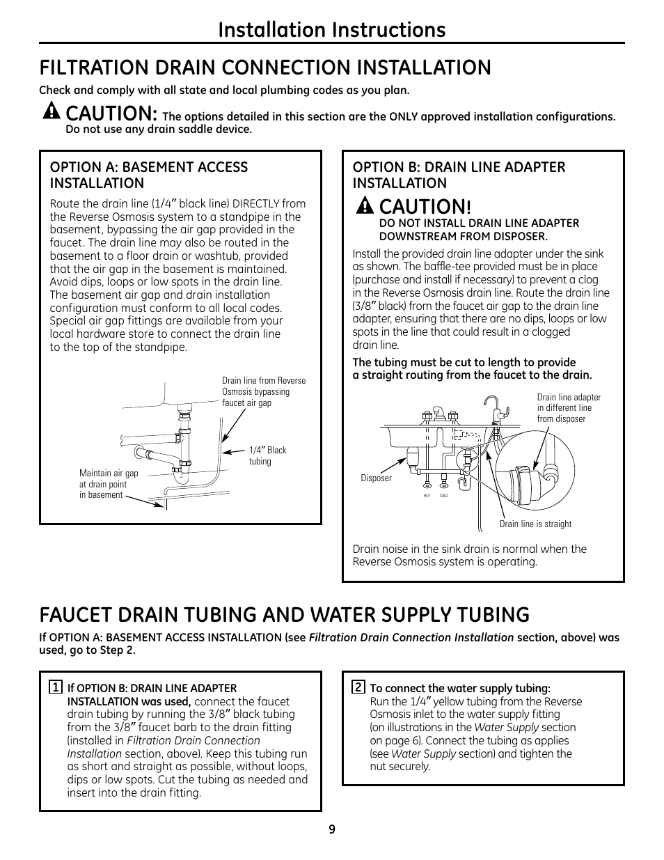 Caution, Faucet drain tubing and water supply tubing | GE GXRM10RBL User Manual | Page 9 / 64