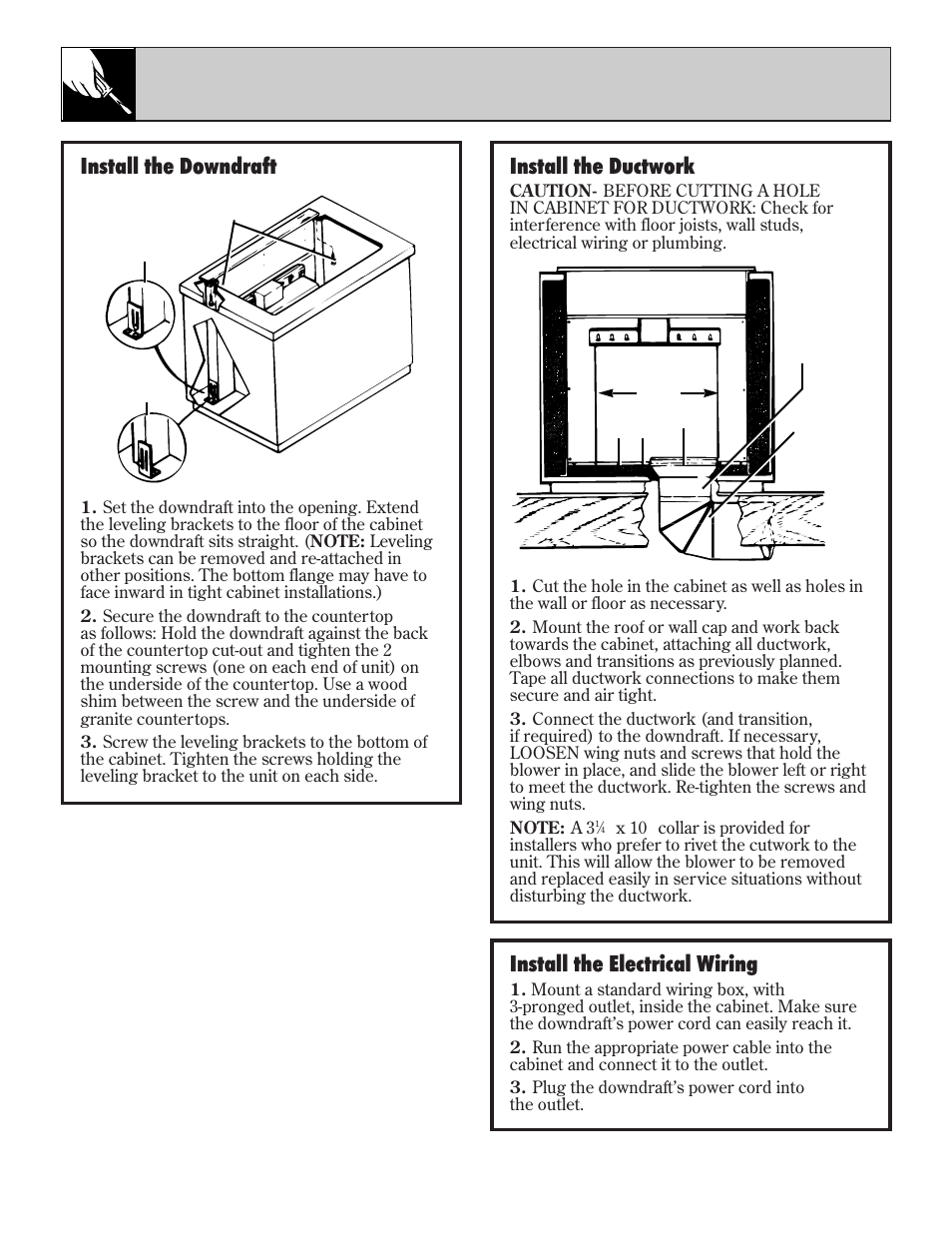 Install ductwork, Install wiring, Install ductwork install wiring | 10 installation instructions, Install the downdraft, Install the electrical wiring, Install the ductwork | GE JVB65 User Manual | Page 10 / 12