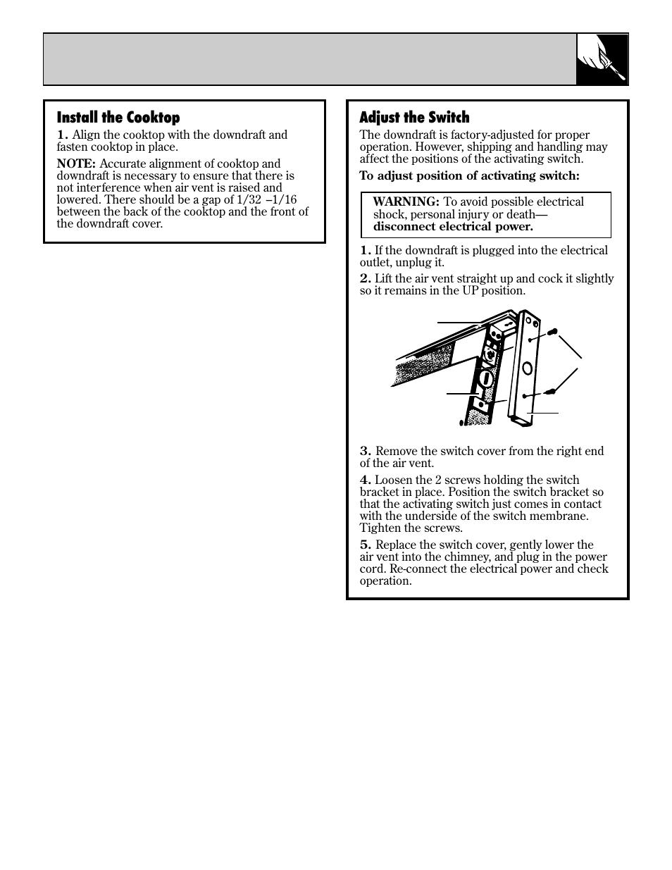 Adjust the switch, Install the cooktop | GE JVB65 User Manual | Page 11 / 12