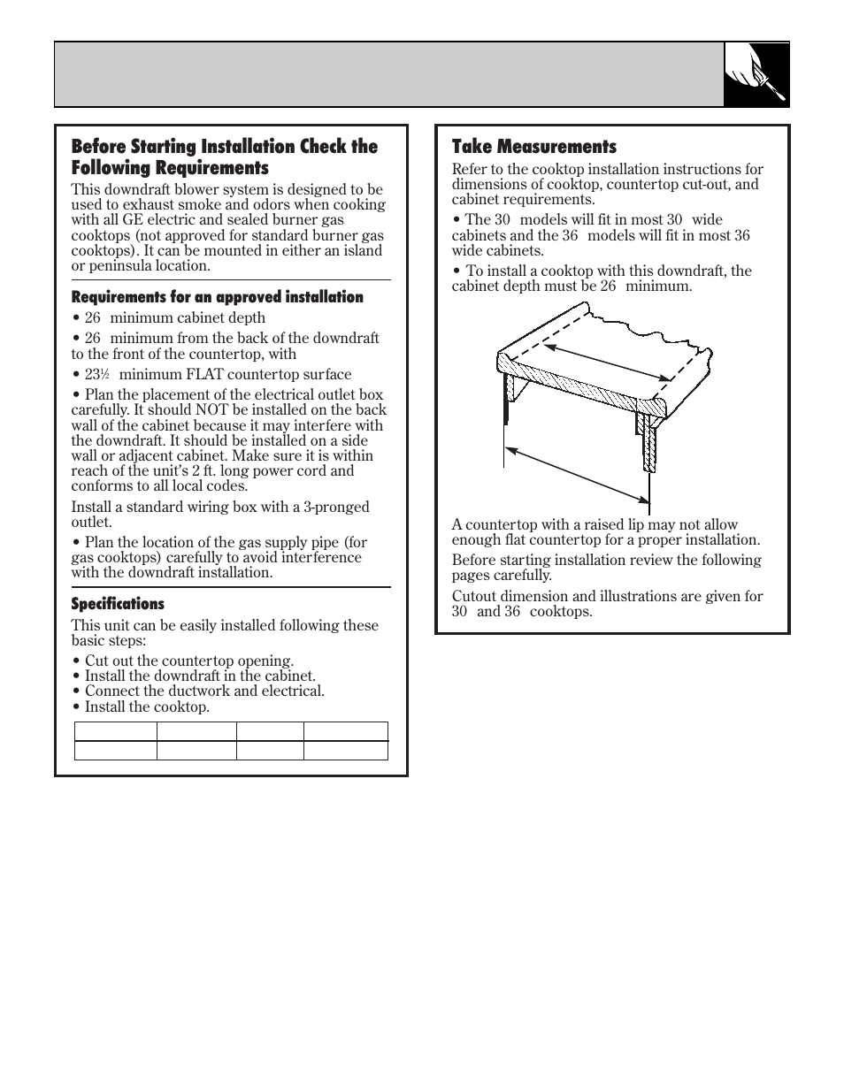 Installation, 5installation instructions, Take measurements | Requirements for an approved installation, Specifications | GE JVB65 User Manual | Page 5 / 12