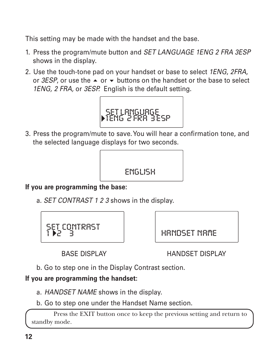 Set language 1 eng 2 fra 3 esp, Handset name english set contrast 1 2 3 | GE 21015 User Manual | Page 12 / 108