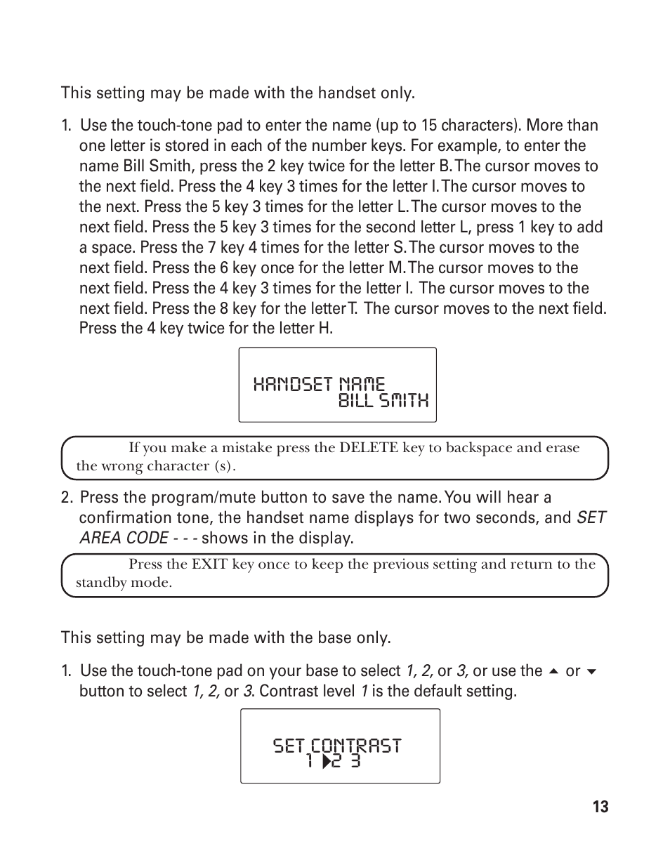 Handset name bill smith set contrast 1 2 3 | GE 21015 User Manual | Page 13 / 108