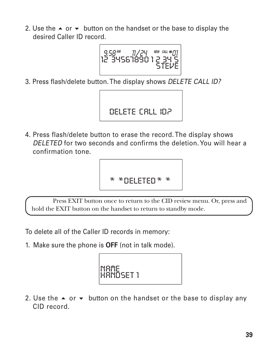 Delete call id? * *deleted * * handset 1 name, Cid r | GE 21015 User Manual | Page 39 / 108
