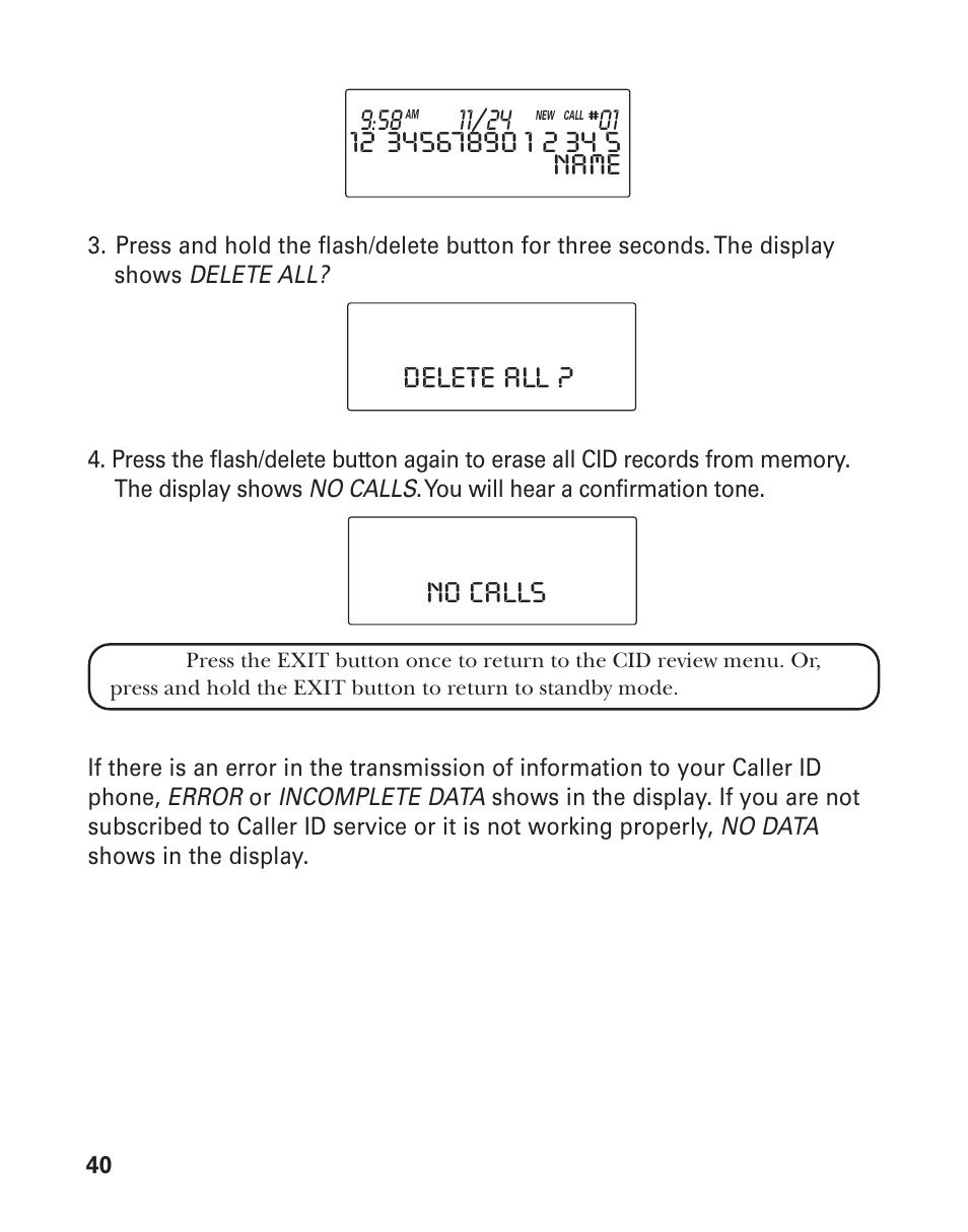 Delete all ? no calls, Cid e | GE 21015 User Manual | Page 40 / 108