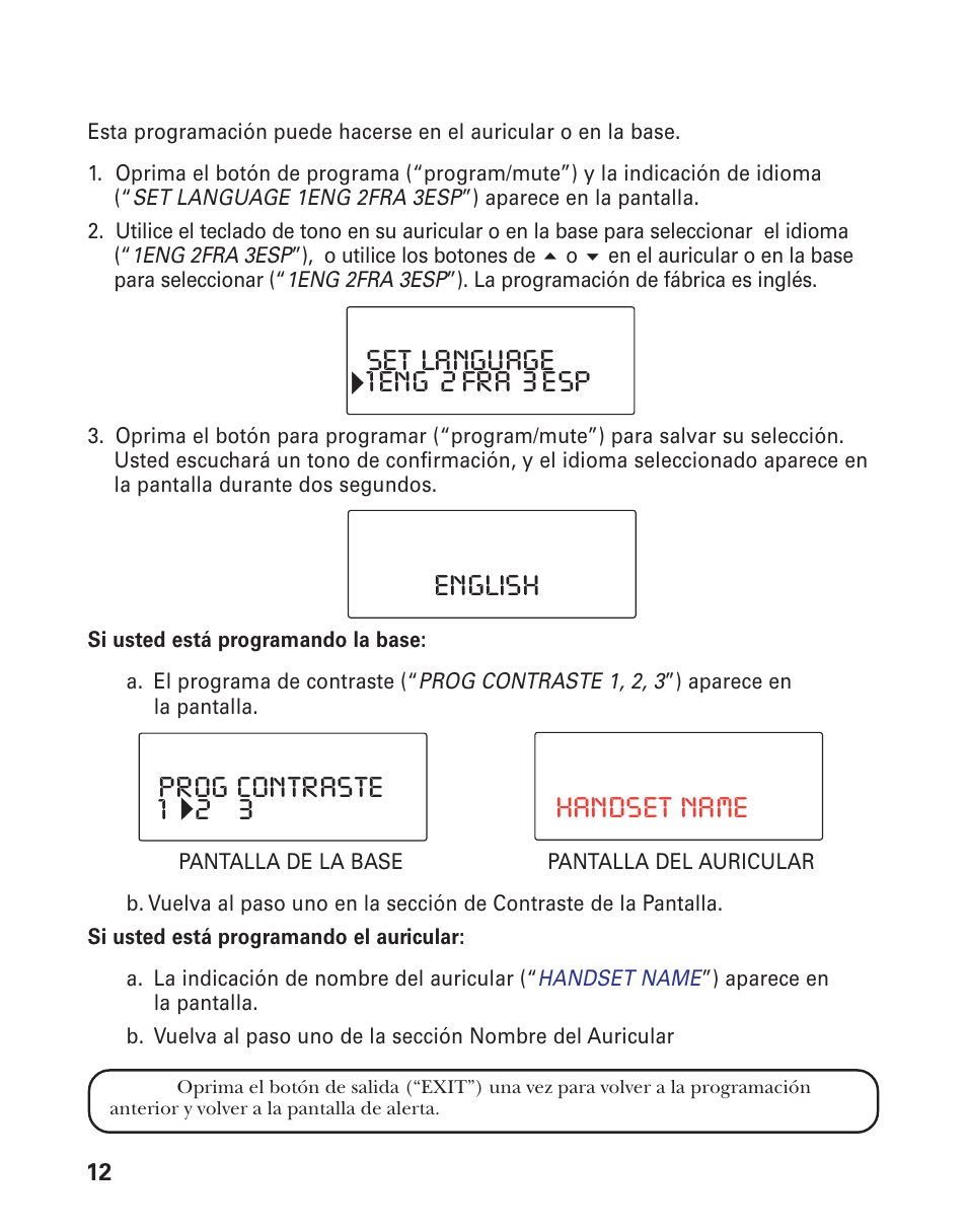 Set language 1 eng 2 fra 3 esp, Handset name english prog contraste 1 2 3 | GE 21015 User Manual | Page 66 / 108