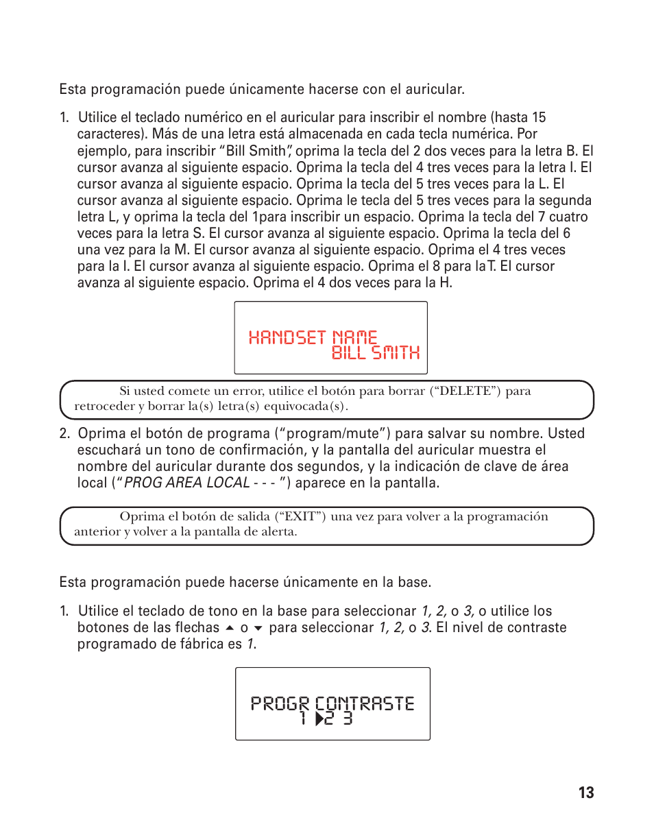 Handset name bill smith progr contraste 1 2 3 | GE 21015 User Manual | Page 67 / 108