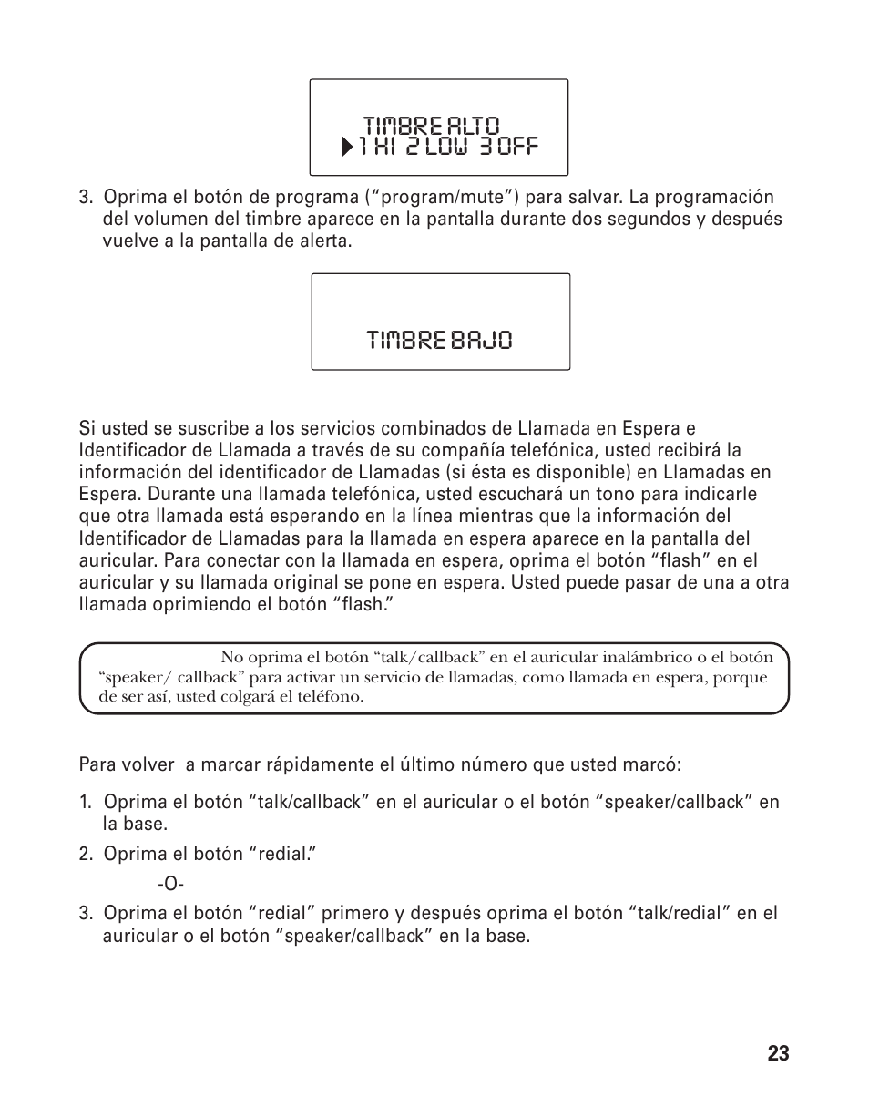 1 hi 2 low 3 off timbre alto timbre bajo | GE 21015 User Manual | Page 77 / 108