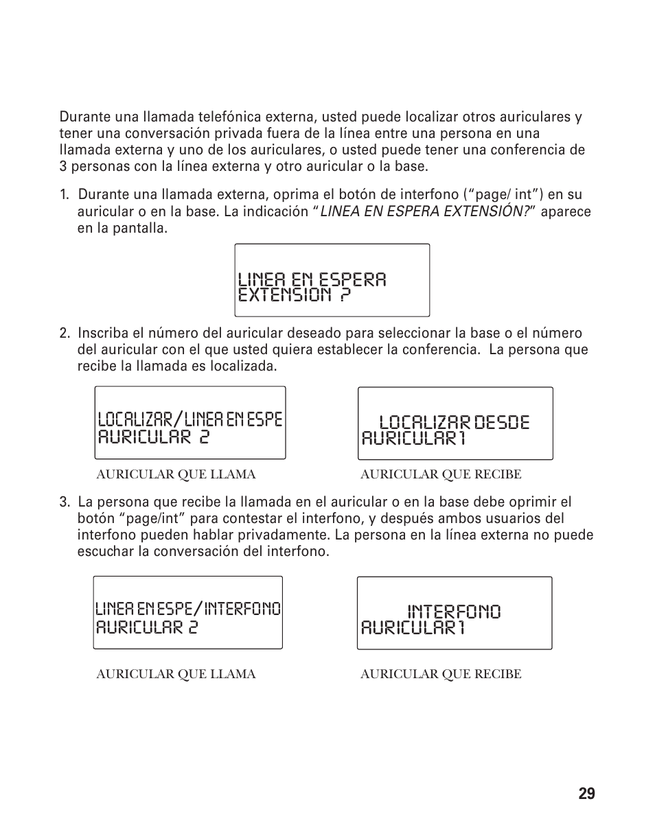 Localizar/linea en espe, Extension ? linea en espera auricular 2, Auricular 1 localizar desde | Auricular 1 interfono, Auricular 2 linea en espe/interfono | GE 21015 User Manual | Page 83 / 108