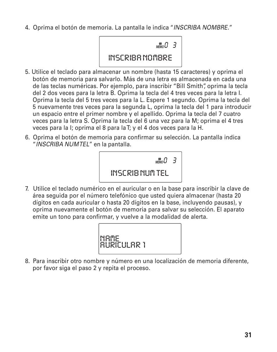 Inscriba nombre, Inscrib num tel, Auricular 1 name | GE 21015 User Manual | Page 85 / 108