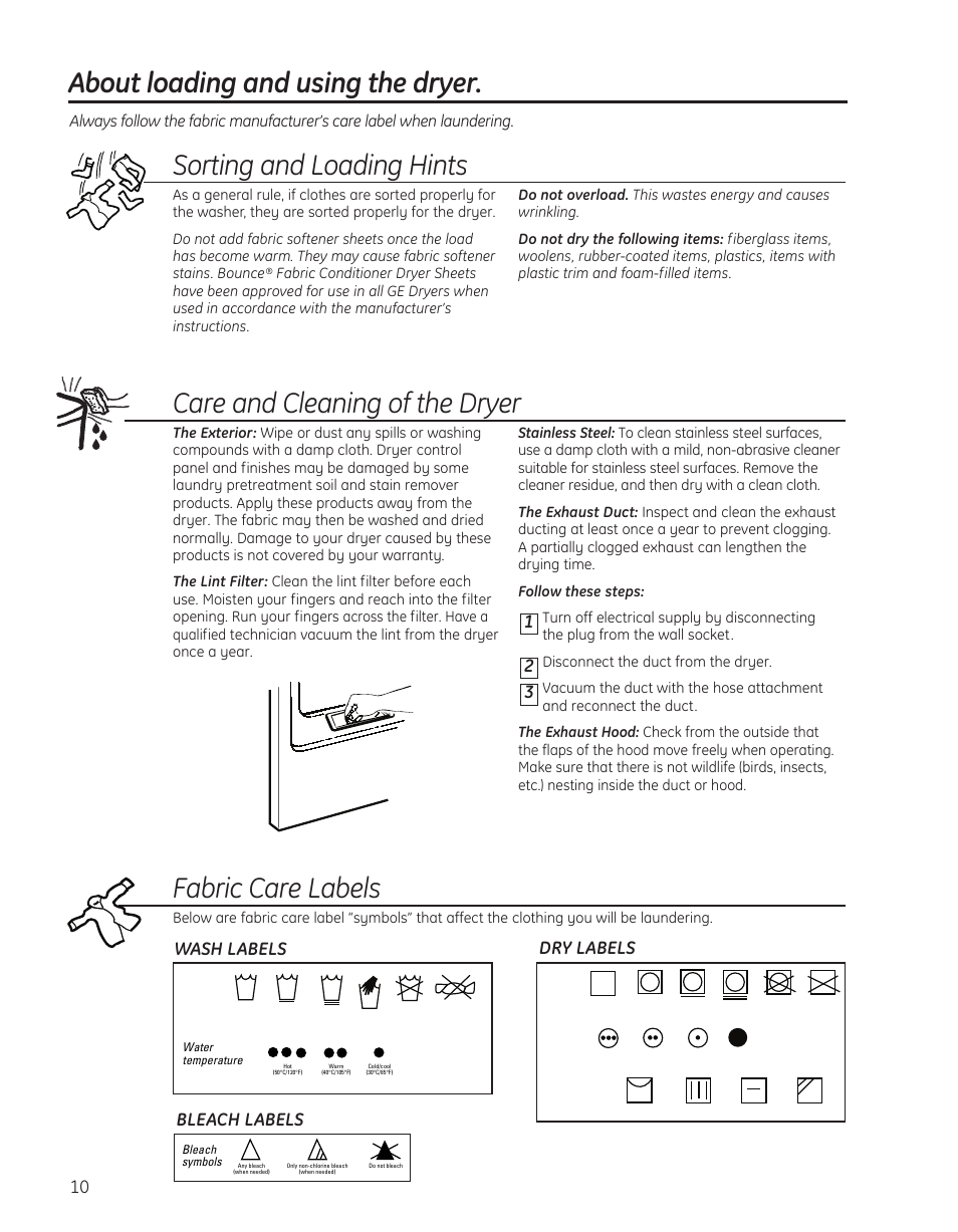 Loading and using the dryer, About loading and using the dryer, Sorting and loading hints | Care and cleaning of the dryer, Fabric care labels, Wash labels dry labels bleach labels | GE PTDS650EMWT User Manual | Page 10 / 32