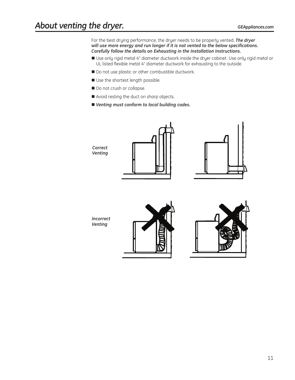 Venting the dryer, About venting the dryer | GE PTDS650EMWT User Manual | Page 11 / 32