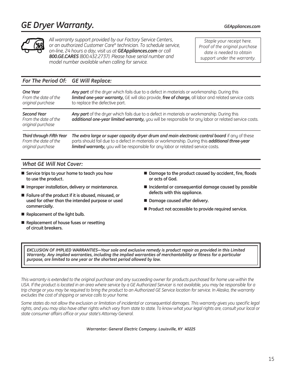 Warranty, Ge dryer warranty | GE PTDS650EMWT User Manual | Page 15 / 32