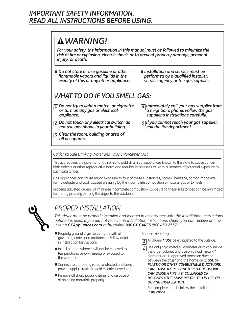 Safety instructions, Warning, What to do if you smell gas | Proper installation | GE PTDS650EMWT User Manual | Page 2 / 32