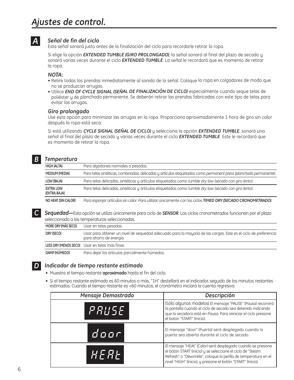 Ajustes de control -8, Ajustes de control | GE PTDS650EMWT User Manual | Page 22 / 32