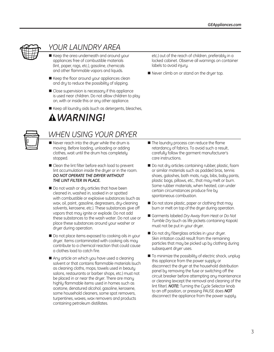 Warning, Your laundry area, When using your dryer | GE PTDS650EMWT User Manual | Page 3 / 32