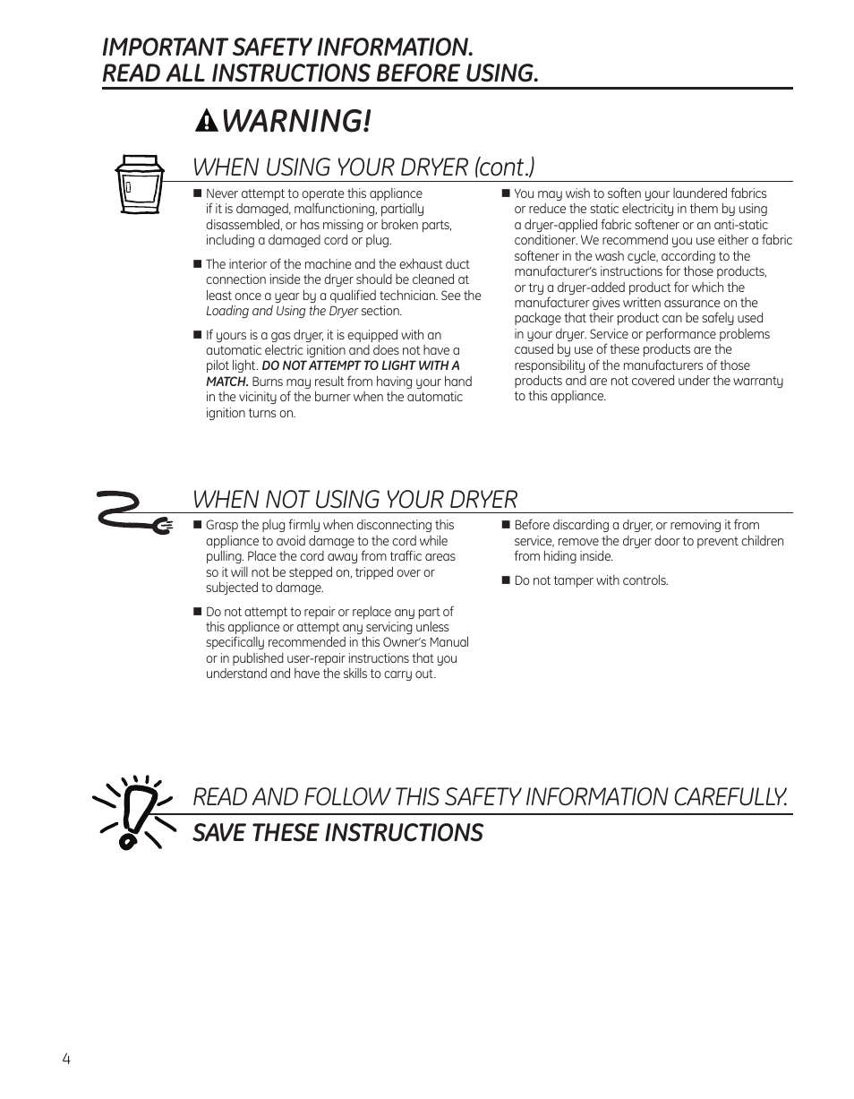 Warning, When using your dryer (cont.) | GE PTDS650EMWT User Manual | Page 4 / 32