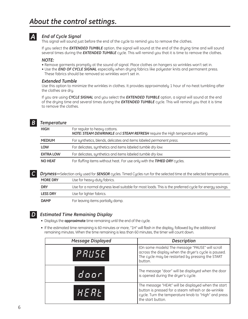 About the control settings | GE PTDS650EMWT User Manual | Page 6 / 32