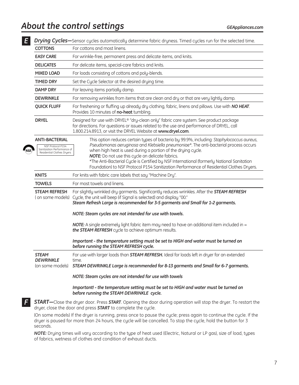 About the control settings, 7drying cycles, Start | GE PTDS650EMWT User Manual | Page 7 / 32