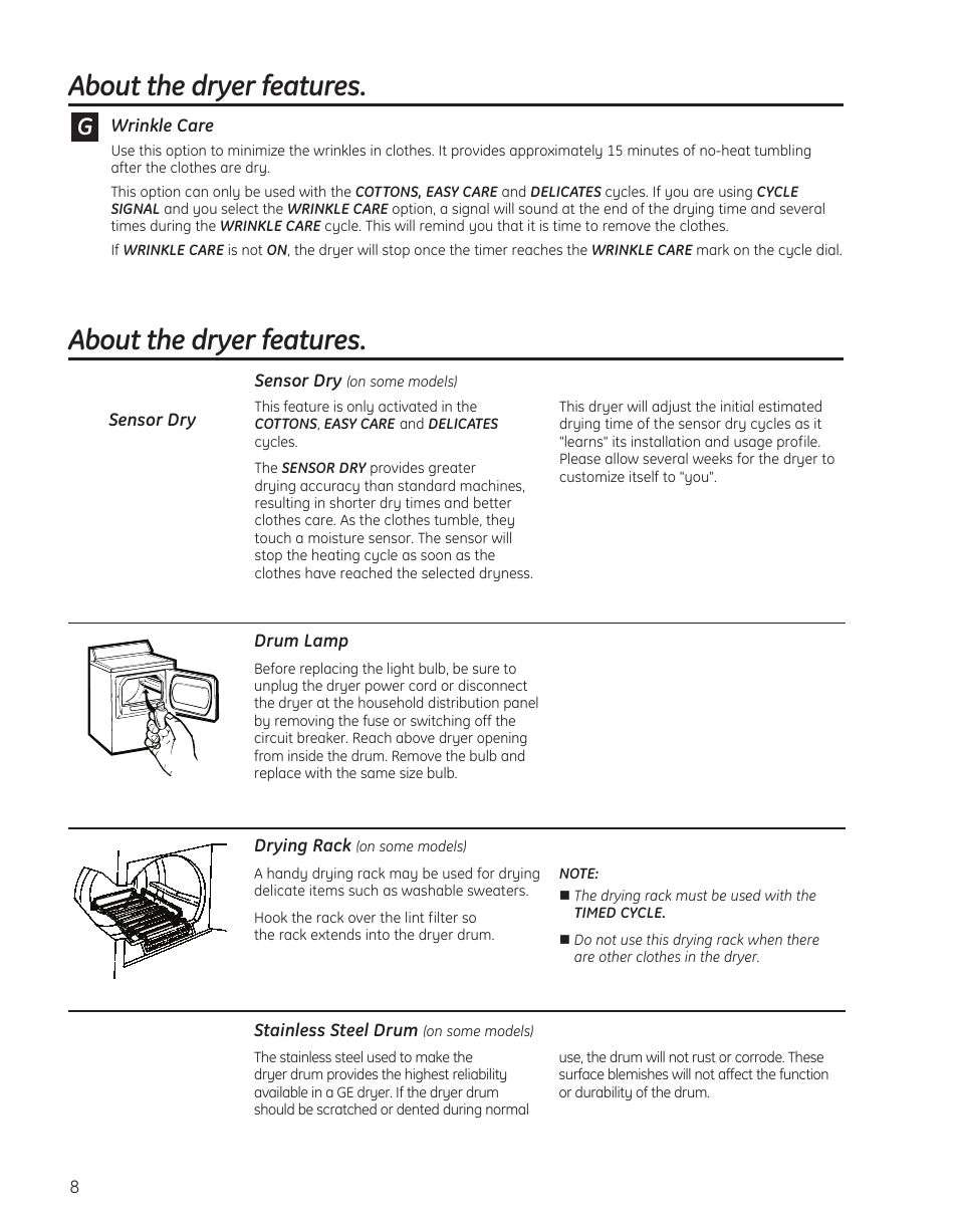 Dryer features, About the dryer features | GE PTDS650EMWT User Manual | Page 8 / 32