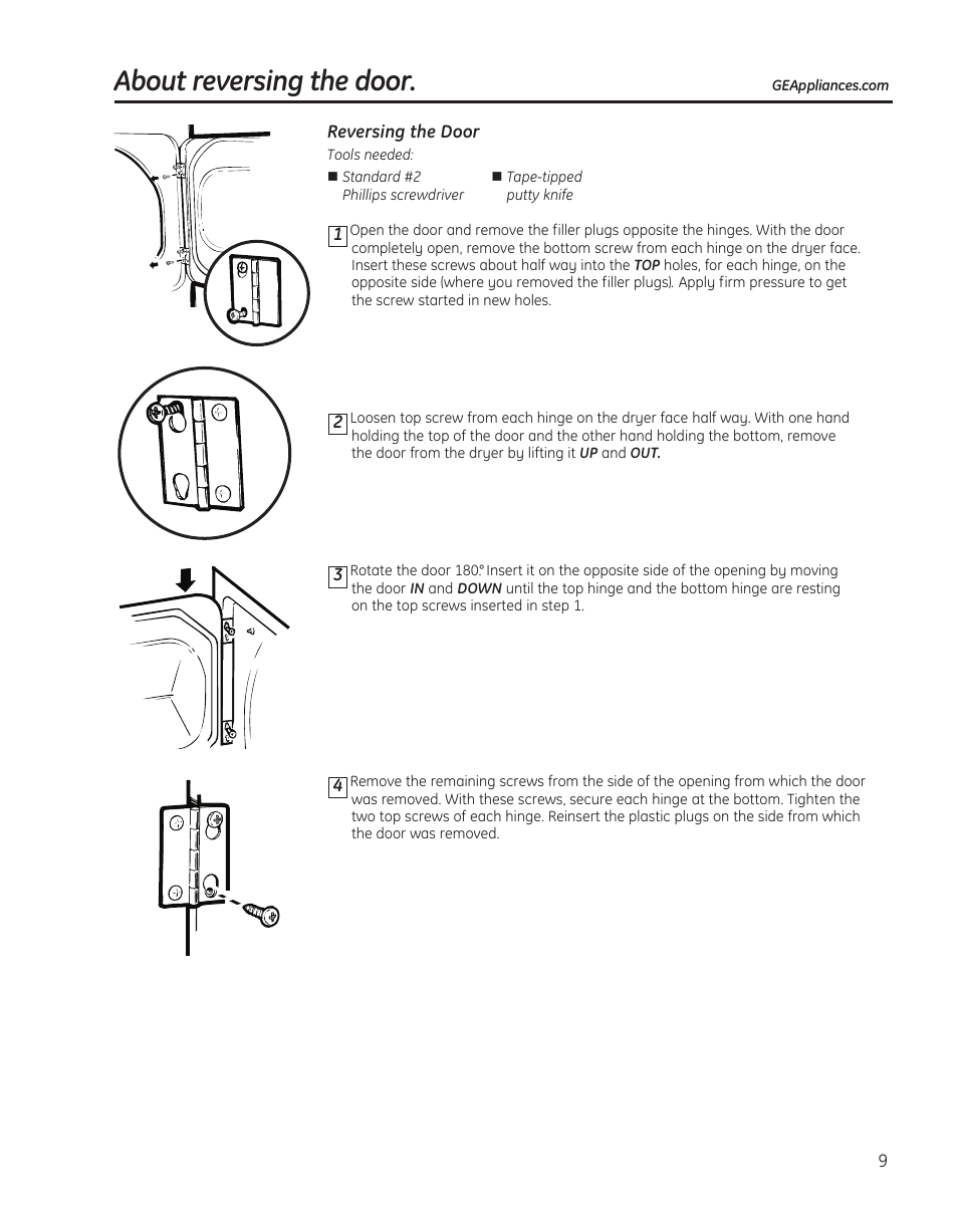 Reversing the door, About reversing the door | GE PTDS650EMWT User Manual | Page 9 / 32