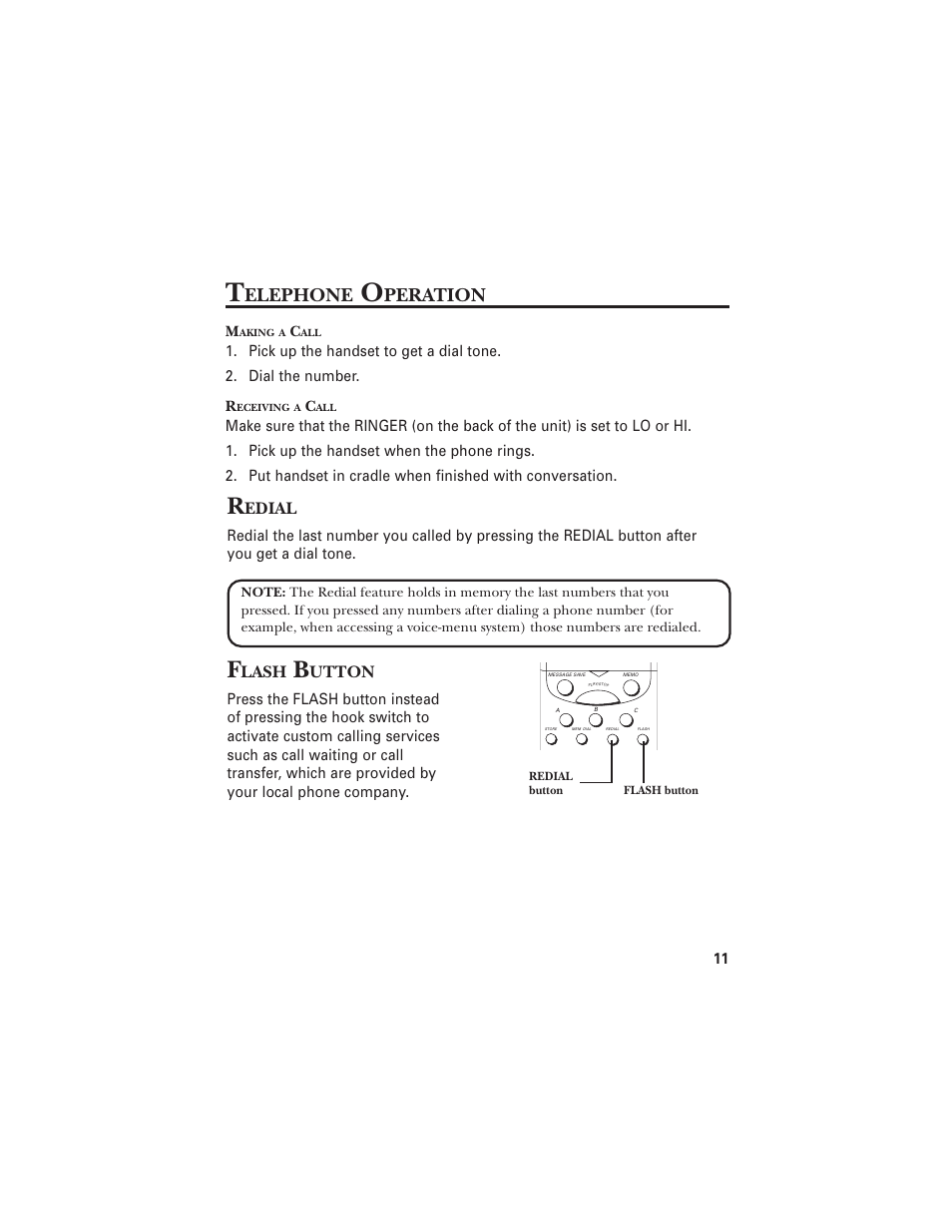 Elephone, Peration, Edial | Lash, Utton | GE 2-9824 User Manual | Page 11 / 18