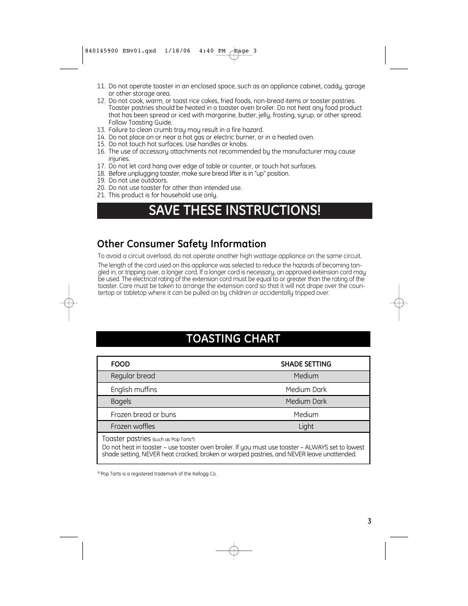 Save these instructions, Toasting chart, Other consumer safety information | GE 106808B User Manual | Page 3 / 6