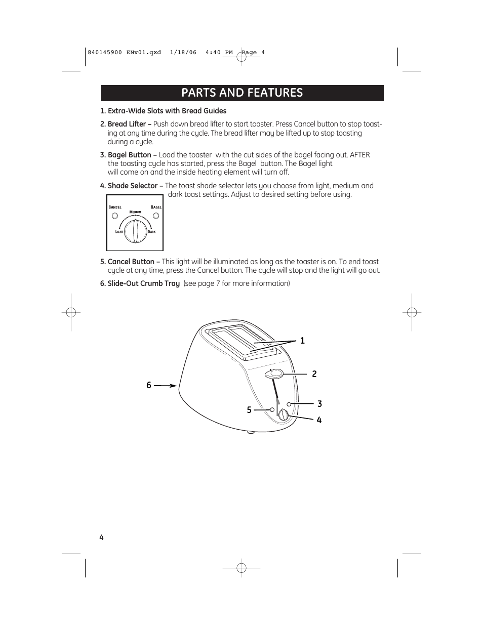 Parts and features | GE 106808B User Manual | Page 4 / 6