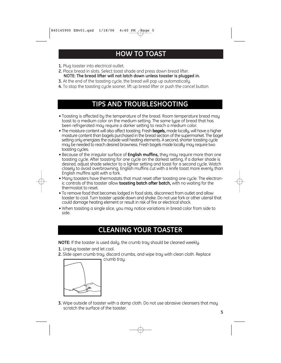 How to toast, Tips and troubleshooting cleaning your toaster | GE 106808B User Manual | Page 5 / 6