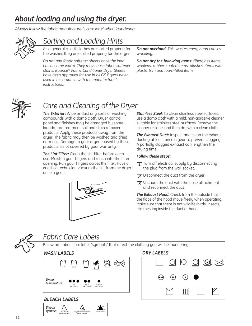 Loading and using the dryer, About loading and using the dryer, Sorting and loading hints | Care and cleaning of the dryer, Fabric care labels, Wash labels dry labels bleach labels | GE 49-90405 User Manual | Page 10 / 32