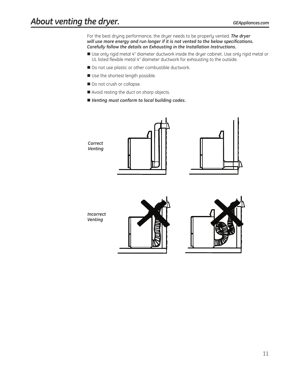 Venting the dryer, About venting the dryer | GE 49-90405 User Manual | Page 11 / 32