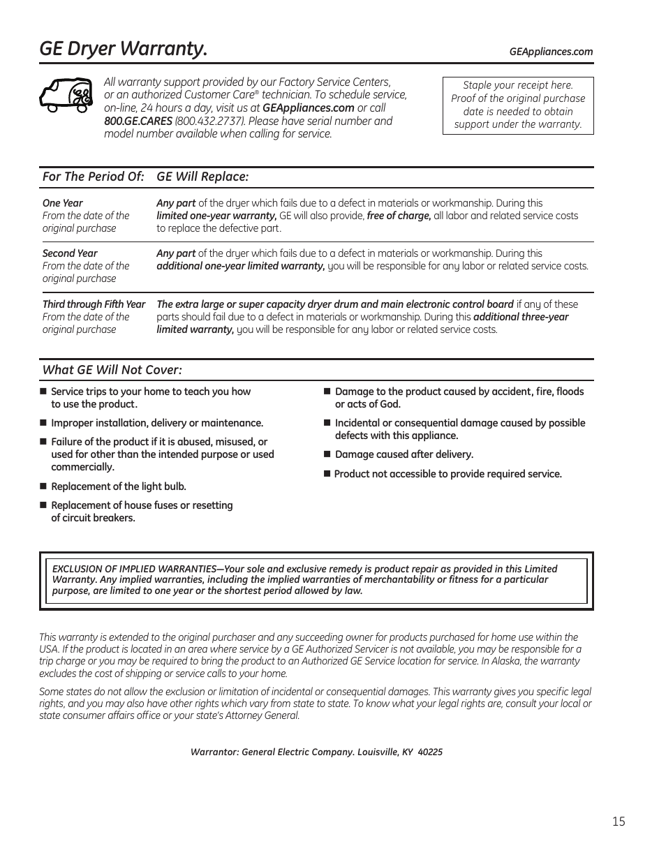 Warranty, Ge dryer warranty | GE 49-90405 User Manual | Page 15 / 32