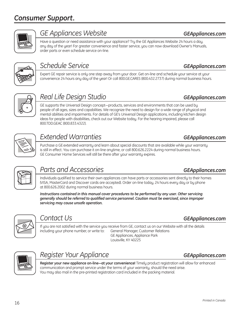 Consumer support. ge appliances website, Schedule service, Real life design studio | Extended warranties, Parts and accessories, Contact us, Register your appliance | GE 49-90405 User Manual | Page 16 / 32