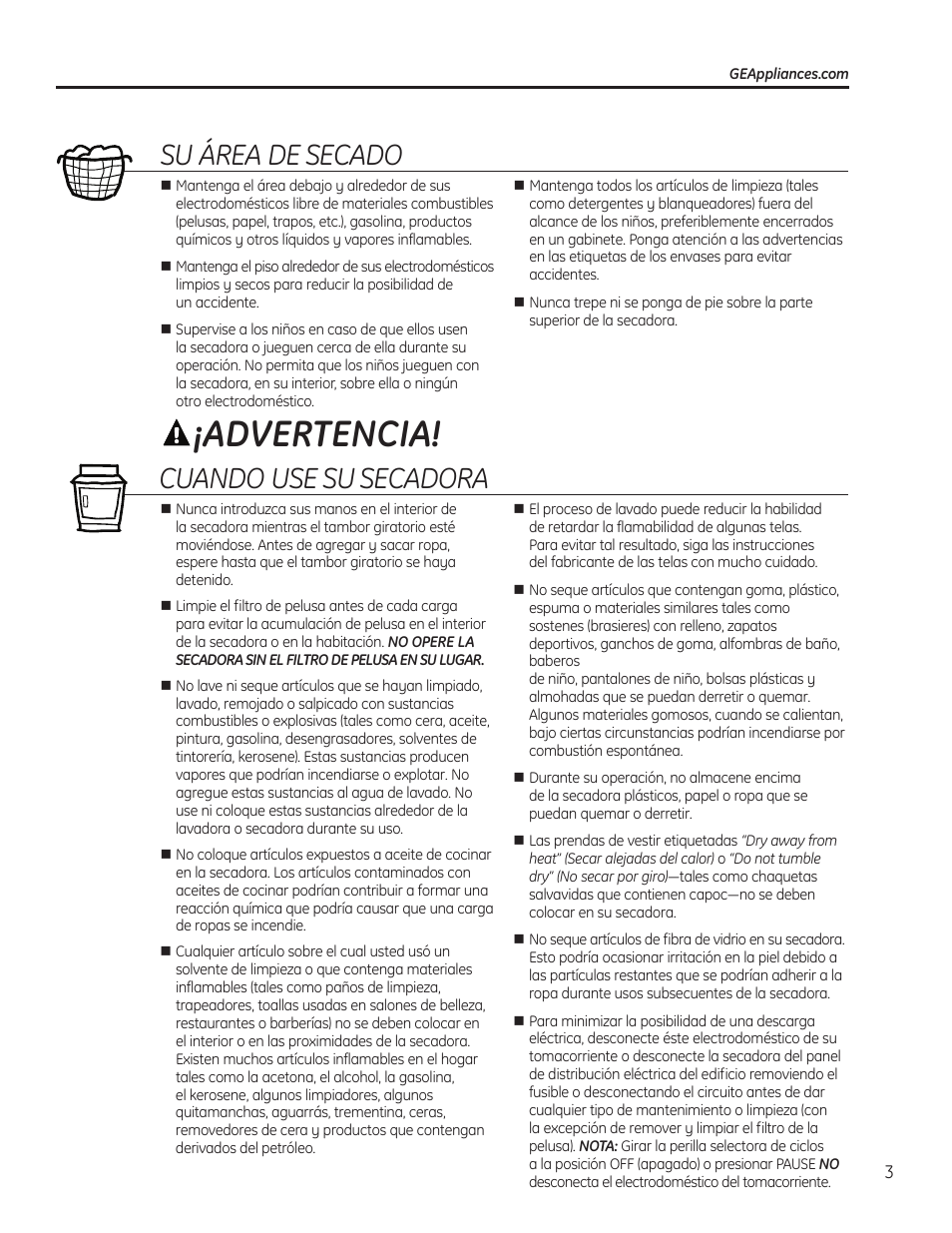 Advertencia, Su área de secado, Cuando use su secadora | GE 49-90405 User Manual | Page 19 / 32