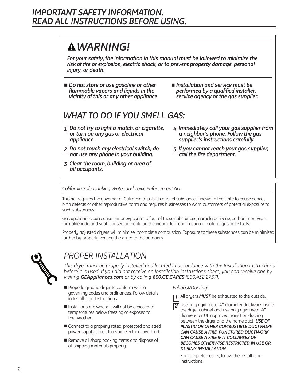 Safety instructions, Warning, What to do if you smell gas | Proper installation | GE 49-90405 User Manual | Page 2 / 32