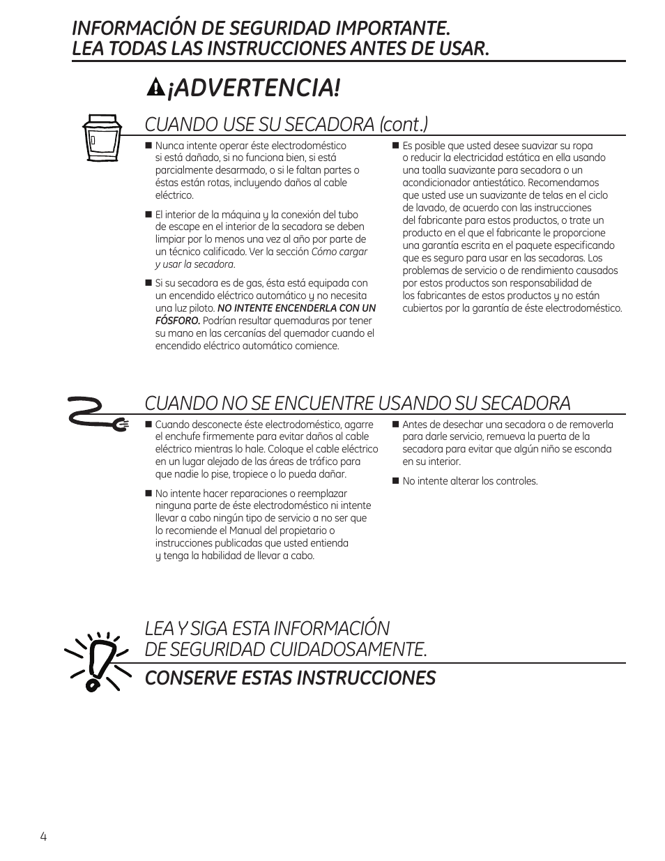 Advertencia, Cuando use su secadora (cont.) | GE 49-90405 User Manual | Page 20 / 32