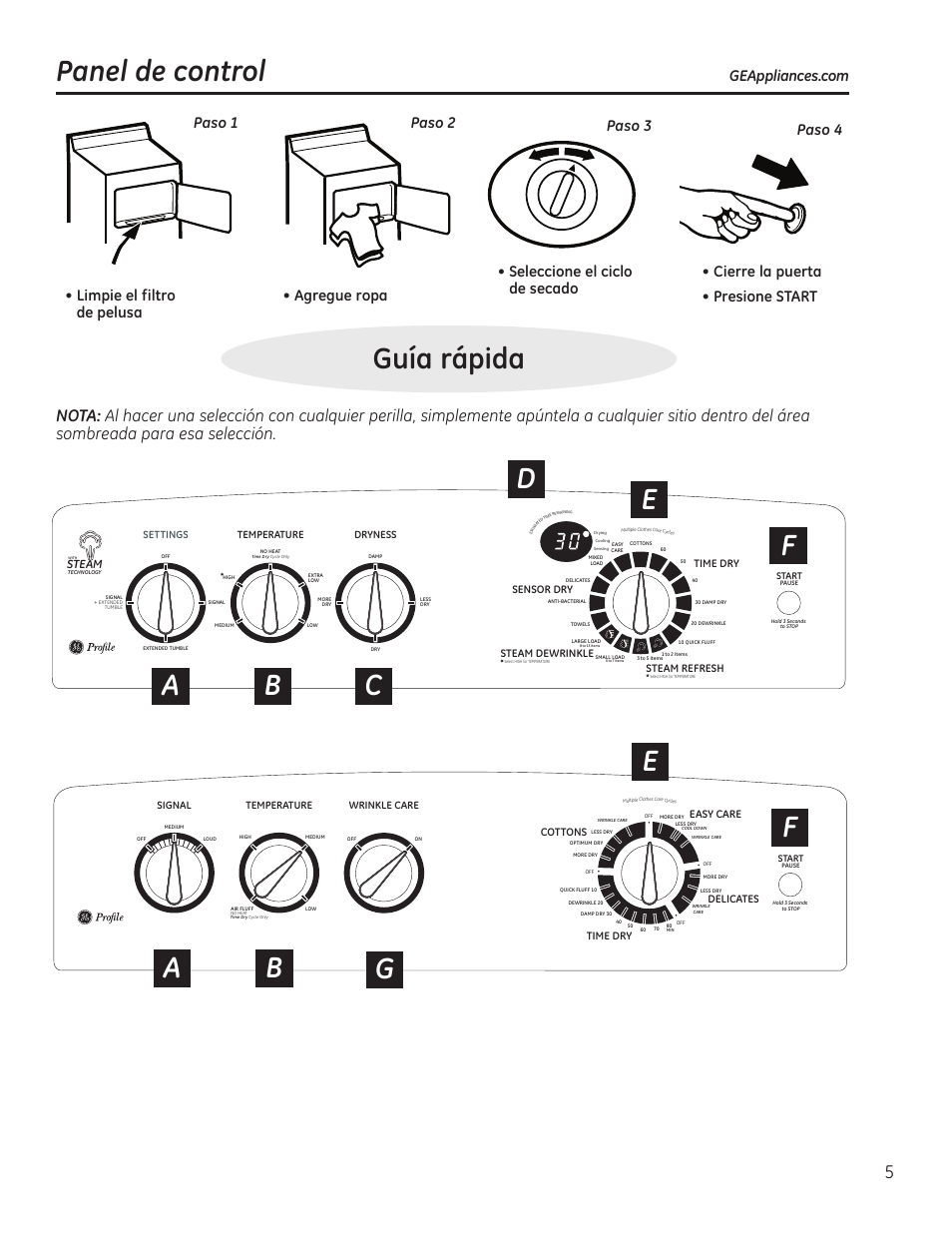 Paneles de control, Guía rápida panel de control, Ab g e f | Steam, Time dry sensor dry, Steam dewrinkle, Steam refresh, Easy care, Cottons delicates time dry, Settings temperature dryness | GE 49-90405 User Manual | Page 21 / 32