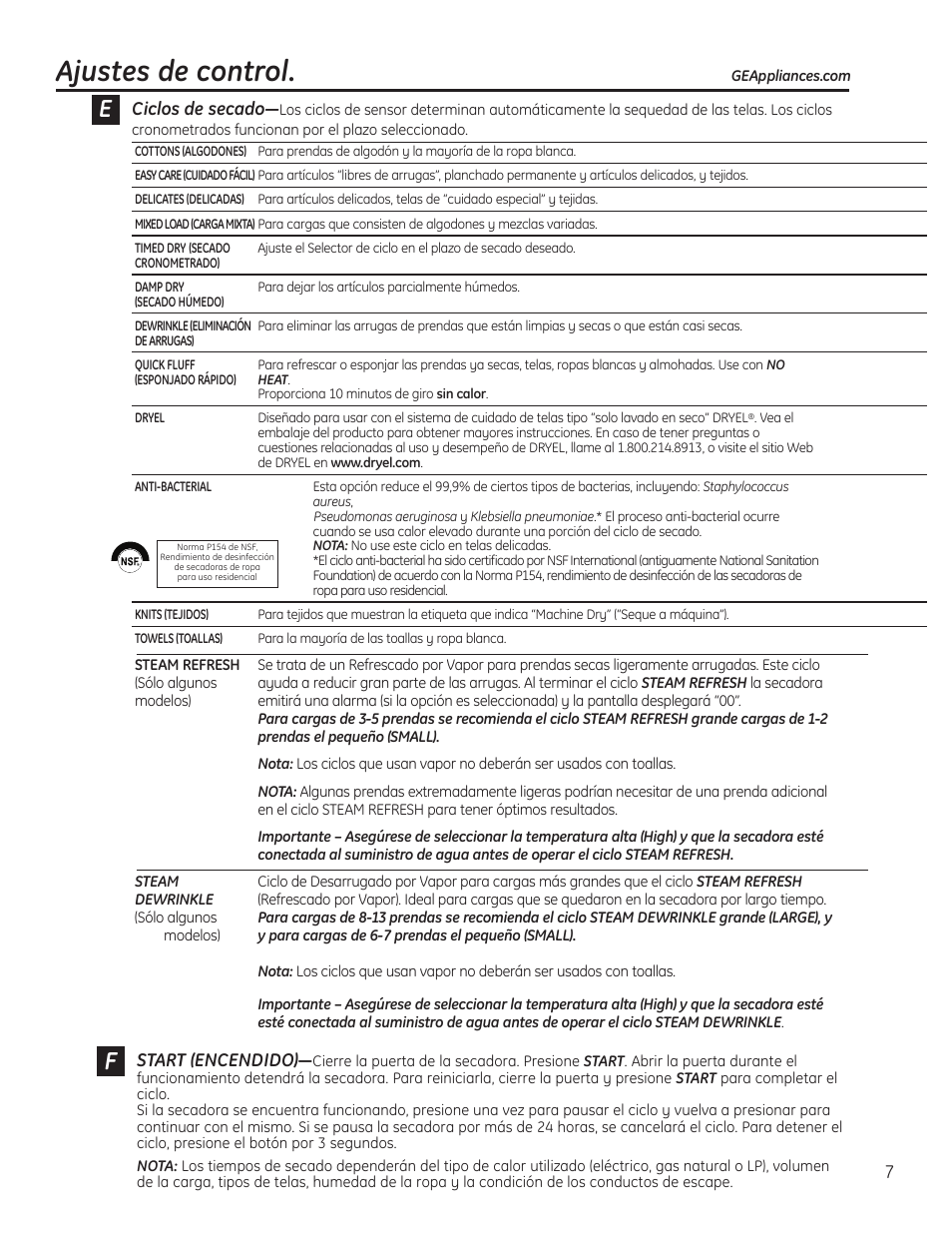 Ajustes de control, Ciclos de secado, Start (encendido) | GE 49-90405 User Manual | Page 23 / 32