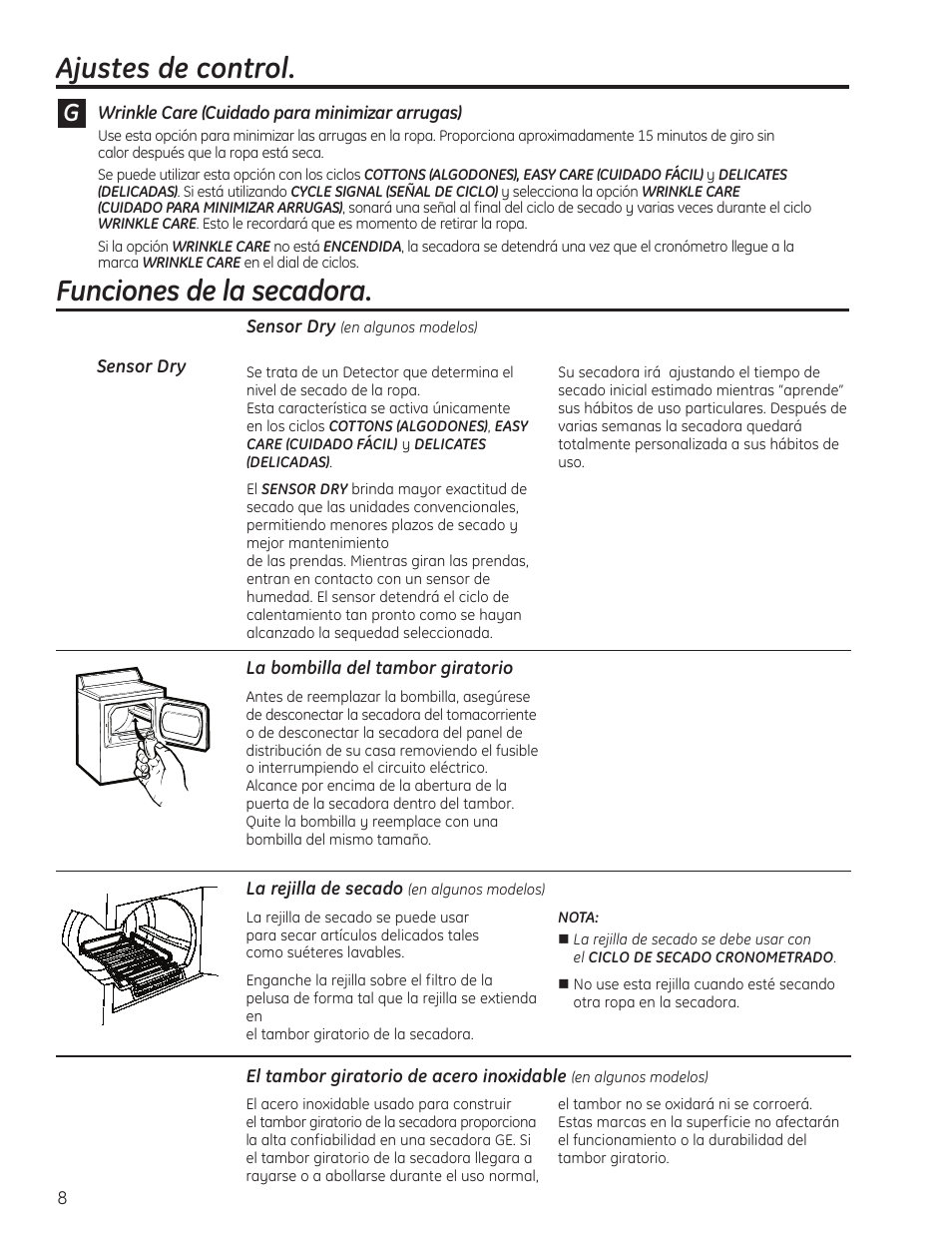 Funciones de la secadora, Ajustes de control | GE 49-90405 User Manual | Page 24 / 32